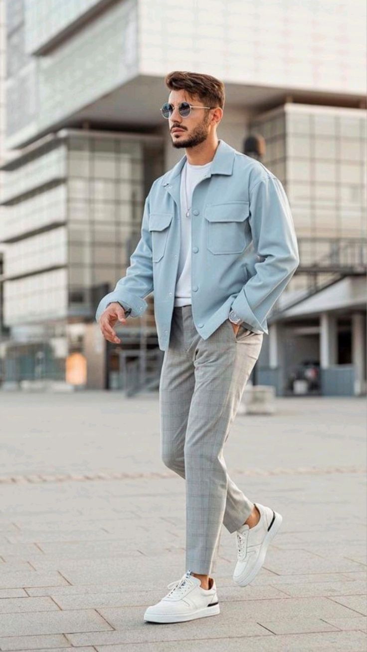 Light Blue Jacket with Grey Linen Pants and White Sneakers